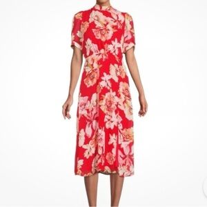 Julia Jordan Red Floral Short Puff Sleeve Midi Dress Size 10 Preppy Formal Party